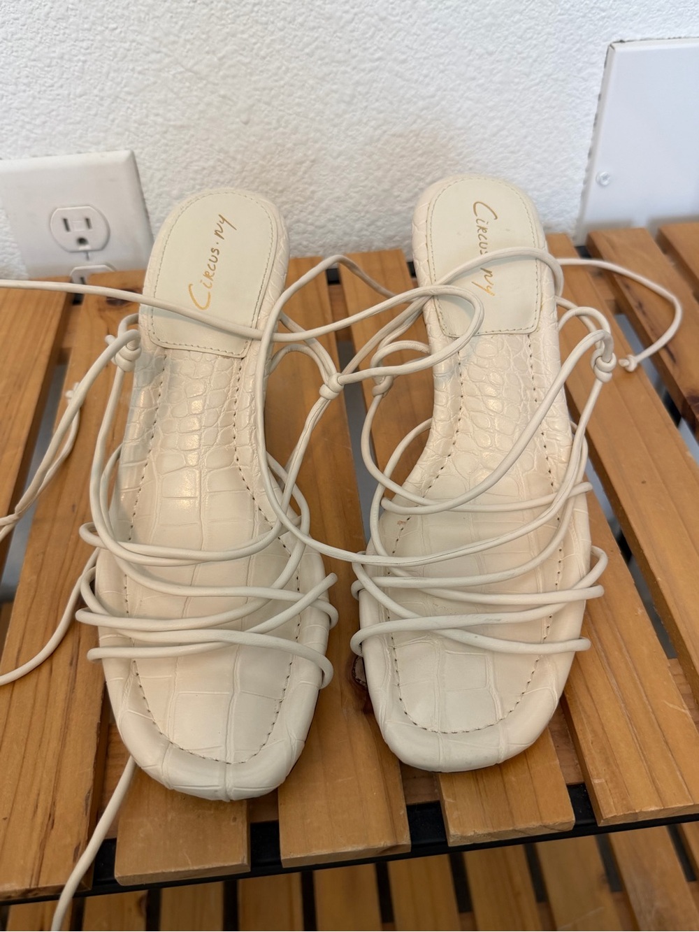 Circus by Sam Edelman Cream Croc-Embossed Lace-Up Square-Toe Heels